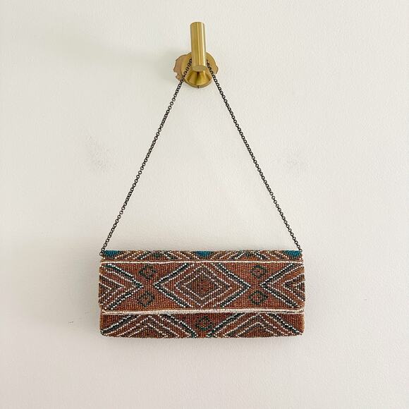 Santi Aztec Pattern Beaded Rectangle Shape Clutch Bag Brown - Picture 1 of 8